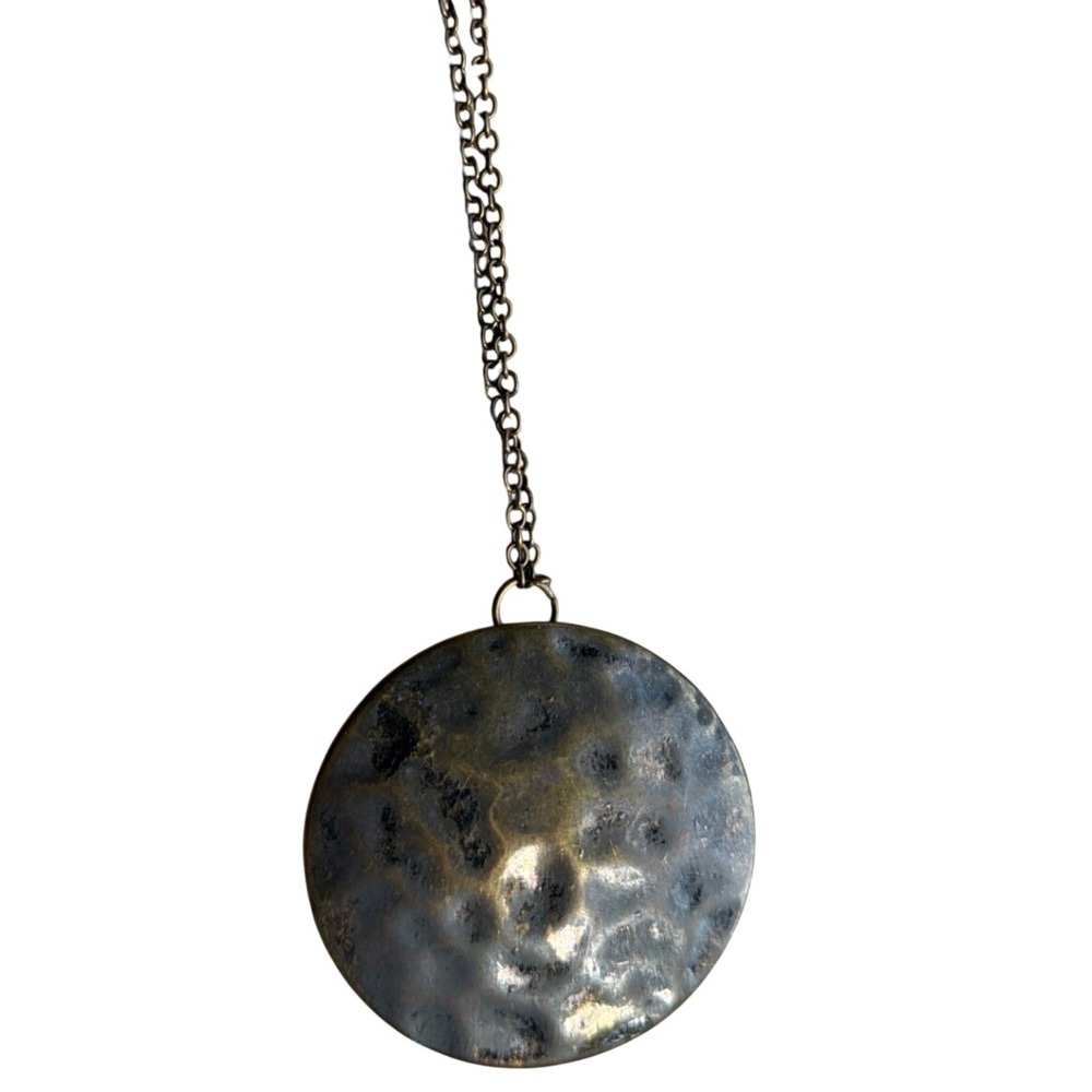 Antiqued Hammered Metal Disc Pendant Long Cable Chain Necklace Dark Silver Boho